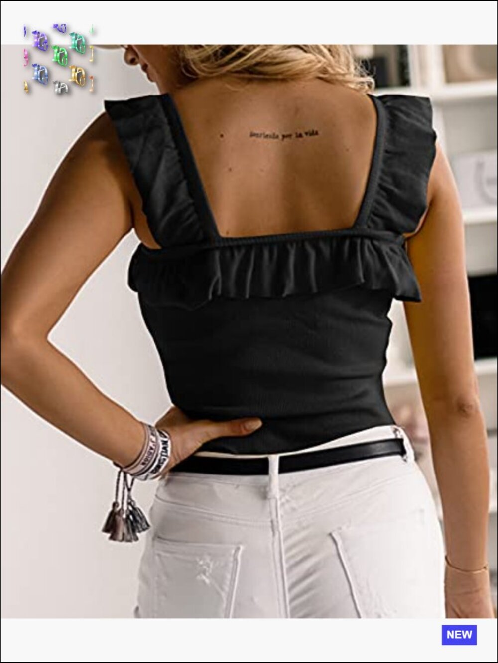 Sleeveless Tank Top Ruffle Strap Square Neck Knitted Camisole Summer Cute Knit - Picture 3 of 7